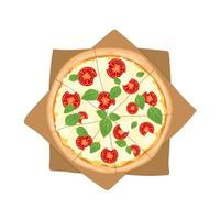 hela margarita pizza med mozzarella ost, tomater och basilika. italiensk mellanmål. pizza på de hantverk papper topp se. platt vektor illustration isolerat på vit bakgrund