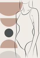 abstrakte Zeichnung mit weiblichem Gesicht, Silhouette, Elementen einfacher geometrischer Formen, in einer linearen Zeichnung. abstrakt. der Körper einer Frau. vektor