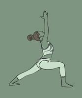 Frau, die Übung in Yoga-Pose macht. Krieger-Pose. Vektor farbige isolierte Silhouette Illustration. internationales yoga-tageskonzept. Yoga-Logo