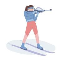 Biathlon-Wettkampf. Biathlet schießt aus dem Gewehr. Wintersport. Skifahrerin. flache vektorillustration. vektor