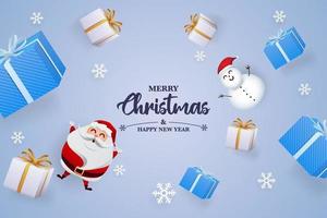 jul bakgrund med dekorativ gåvor låda, santa claus och snögubbe vektor