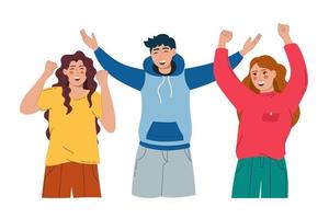 en grupp av glad människor av annorlunda. de höja deras händer och glädjas. vektor illustration platt