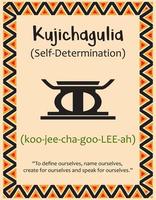eine Karte mit einem der Kwanzaa-Prinzipien. Das Symbol kujichagulia bedeutet auf Suaheli Selbstbestimmung. Poster mit Schild und Beschreibung. ethnisches afrikanisches muster in traditionellen farben. Vektor-Illustration vektor