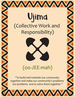 eine Karte mit einem der Kwanzaa-Prinzipien. symbol ujiima bedeutet kollektive arbeit und verantwortung auf suaheli. Poster mit Schild und Beschreibung. ethnisches afrikanisches muster in traditionellen farben. Vektor