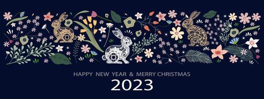 2023 frohes neues Jahr und frohe Weihnachten Banner, Vektor schöne Grußkarte oder Hintergrund für papiergeschnittene Kaninchen mit niedlichen mehrfarbigen Frühlingsblumen und anderen Elementen auf blauem Hintergrund.