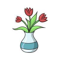 Strauß roter Tulpen mit Blättern in einer breiten Vase, Vektorillustration im Cartoon-Stil auf weißem Hintergrund vektor