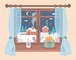 fenster mit winternachtansicht, geschenkbox, kerze und stechpalme auf der schwelle. Winterstimmung, entspannendes, gemütliches Wohnkonzept. vektor