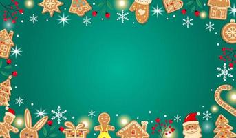 horizontaler grüner weihnachtslebkuchenhintergrund. Weihnachtsdesign mit Keksen, Winterbeeren, Schneeflocken, Schnee und Lichtern. leerer Platz für Ihren Text. vorlage für karten, banner, poster, einladung. vektor