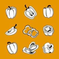 Satz Paprika, Paprika, ganz und in Scheiben und Ringe geschnitten. Sammlung von einfachem, minimalistischem, realistischem Doodle-Gemüse. schwarz-weiß isolierte Vektordesign-Elemente für Menü, Verpackung vektor