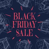 svart fredag försäljning kort för social media med mörk bakgrund och hand dragen gåva klotter vektor
