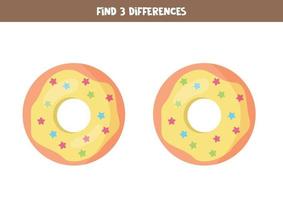 Finden Sie 3 Unterschiede zwischen zwei süßen gelben Donuts. vektor