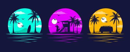 baywatch, camper und surfen. Design von Miami, Kalifornien, Hawaii. Tattoo-Vektorgrafiken der alten Schule. rote Sonnenuntergänge mit Silhouetten. Vektorgrafiken für Bekleidung T-Shirt vektor