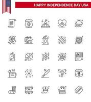 große packung mit 25 usa glücklicher unabhängigkeitstag usa vektorlinien und editierbare symbole von muffin kuchen camp usa love editierbare usa tag vektor design elemente