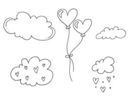 uppsättning av söt ritad för hand klotter element handla om kärlek. meddelande klistermärken för appar. ikoner för valentines dag, romantisk evenemang och bröllop. ballonger i de himmel med moln. vektor