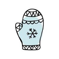 eine handgezeichnete Winterkleidung. Vektorillustration im Doodle-Stil. Winterstimmung. hallo 2023. frohe weihnachten und ein gutes neues jahr. Schwarze Fäustlinge mit Ornament und Snoflake auf weißem und blauem Hintergrund. vektor