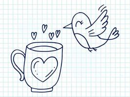 uppsättning av söt ritad för hand klotter element handla om kärlek. meddelande klistermärken för appar. ikoner för valentines dag, romantisk evenemang och bröllop. en rutig anteckningsbok. en fågel och en kopp med en hjärta. vektor