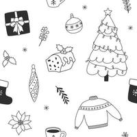 Nahtloses Weihnachtsmuster im Doodle-Stil. sich wiederholender hintergrund für weihnachtsdesign, weihnachtsbaum, beeren, geschenke, schneeflocken und andere. schwarz-weiß handgezeichnete illustration, vektor. vektor