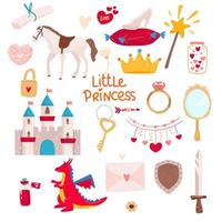 uppsättning av fantasi unicorns och Övrig objekt fe- berättelse tecken för prinsessa flickor vektor