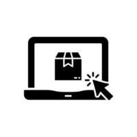 Einkaufen von digitalen Marktdiensten im Gerätekauf auf dem Website-Symbol. Online-Shop in Computer Silhouette schwarzes Symbol. Laptop- und Box-E-Commerce-Konzept-Glyphen-Piktogramm. isolierte Vektorillustration. vektor