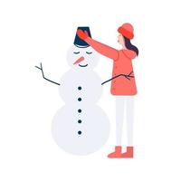 frau, die schneemann in der winterlandschaft macht. Winteraktivitäten im Freien. Vektorvorratillustration vektor