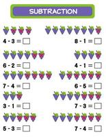 Subtraktion. Mathe-Arbeitsblatt für Kinder. Entwicklung von Rechenfähigkeiten. Beispiele lösen und schreiben. Mathematik. vektorillustration.pädagogik mathe kinderspiel. Abzug für Kinder. vektor