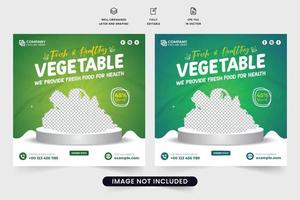 frische und gesunde Speisekarte und Gemüseverkauf Social Media Post Vektor mit grünen und gelben Farben. Bio-Gemüse-Werbebanner-Design. Geschäftsvorlage für gesunde Lebensmittel für das Marketing.