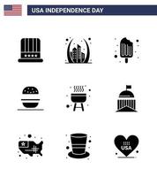 glücklicher unabhängigkeitstag 4. juli satz von 9 soliden glyphen amerikanisches piktogramm des grills amerikanische usa essen eis editierbare usa tag vektordesignelemente vektor