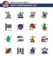 16 flache gefüllte Linienzeichen für Usa-Unabhängigkeitstag Vereinigte Flagge Bier Soda Getränk editierbare Usa-Tag-Vektordesign-Elemente vektor