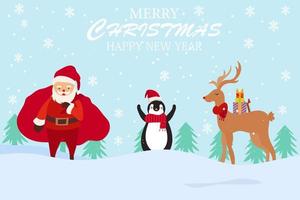 glad jul och Lycklig ny år med söt pingvin, rådjur och santa högtider tecknad serie karaktär vektor. vektor