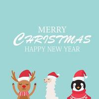 Vorfröhliche Weihnachten und guten Rutsch ins Neue Jahr mit niedlichem Rentier, Lama und Pinguin-Zeichentrickfilm-Figur-Vektor. vektor