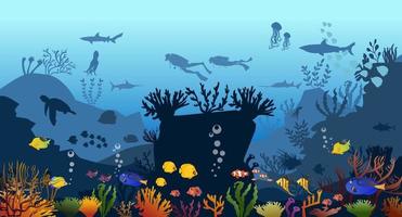 korall rev med fisk under vattnet på en blå hav bakgrund. vektor hav panorama- illustration.