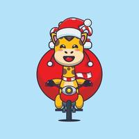 söt giraff bärande jul gåva med motorcykel. söt jul tecknad serie illustration. vektor