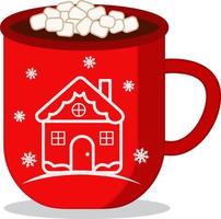 heiße schokolade mit marshmallows in einer roten tasse zu weihnachten. frohe weihnachten und neujahrsbecher mit süßigkeiten. elemente des vektordesigns. geeignet für weihnachtsdesign und färbung, werbung, postkarten vektor