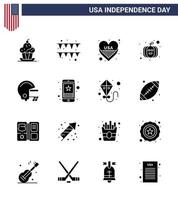 16 solide Glyph-Zeichen für USA-Unabhängigkeitstag-Helm-Amerikaner Amerikanisches USA-Festival Amerikanische editierbare USA-Tag-Vektordesign-Elemente vektor