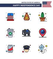 Usa Happy Independence DayPiktogrammsatz aus 9 einfachen, flach gefüllten Linien von Usa-Elephent-Kaktus-Getränkeflasche editierbare Usa-Tag-Vektordesign-Elemente vektor