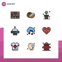 Packung mit 9 modernen Filledline-Flachfarbzeichen und -symbolen für Web-Printmedien wie Liebes-Emoji-Entführungs-Sound-Cloud-editierbare Vektordesign-Elemente vektor