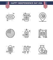 Lycklig oberoende dag 4:e juli uppsättning av 9 rader amerikan pictograph av vin alkohol plats USA flagga redigerbar USA dag vektor design element