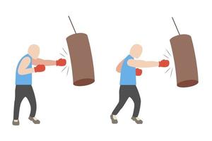 Boxer beim Training. satz starker boxer, der mit roten handschuhen schlägt, flache illustration vektor
