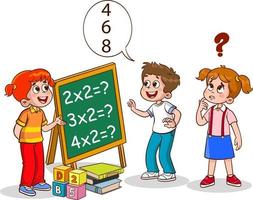 glückliche kinder, die mathe lernen. kinderperson macht mathematische übungen, rechnet, schreibt auf kreidetafel vektor