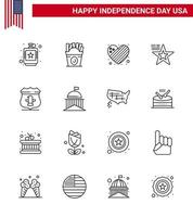Packung mit 16 US-Unabhängigkeitstag-Feierlinien Zeichen und 4. Juli-Symbolen wie Schildflagge US-amerikanische Liebe editierbare US-Tag-Vektordesign-Elemente vektor