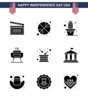 glücklicher unabhängigkeitstag usa paket mit 9 kreativen soliden glyphen der trommel feiertagskaktus festlichkeit grill editierbare usa tag vektor design elemente