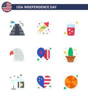 Happy Independence Day Pack mit 9 flachen Zeichen und Symbolen zum Feiern von Usa-Alkohol-Adler-Tier editierbaren Usa-Tag-Vektordesign-Elementen vektor