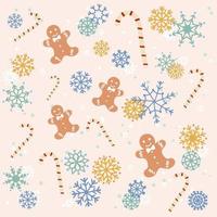 lebkuchenplätzchen mit süßigkeiten in schneeflocken, feiertagskarte, flacher stil vektor