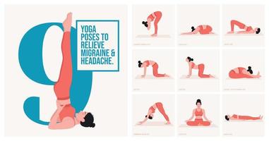 yoga poser för lindra migrän huvudvärk. ung kvinna praktiserande yoga utgör. kvinna träna kondition, aerob och övningar. vektor illustration.