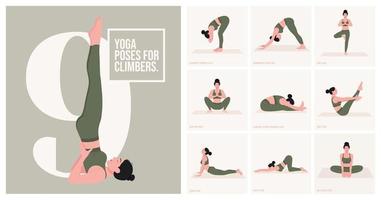 Yoga-Posen für Kletterer. junge Frau, die Yoga-Pose praktiziert. Frau Workout Fitness, Aerobic und Übungen. Vektor-Illustration. vektor
