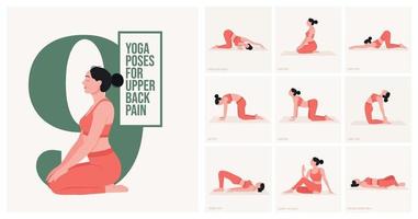 yoga poser för övre tillbaka smärta. ung kvinna praktiserande yoga utgör. kvinna träna kondition, aerob och övningar. vektor illustration.
