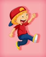 söt pojke som bär röd mössa med stryphåll i gående position seriefigur isolerad på rosa bakgrund vektor