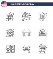 Lycklig oberoende dag packa av 9 rader tecken och symboler för USA glasögon grädde solglasögon stjärna redigerbar USA dag vektor design element