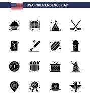 packung mit 16 usa unabhängigkeitstag feier solide glyphen zeichen und 4. juli symbole wie hochzeitseinladung camp amerikanischer eissport editierbare usa tag vektor design elemente