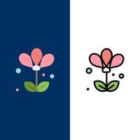 Blume Blumennatur Frühling Symbole flach und Linie gefüllt Symbolsatz Vektor blauen Hintergrund